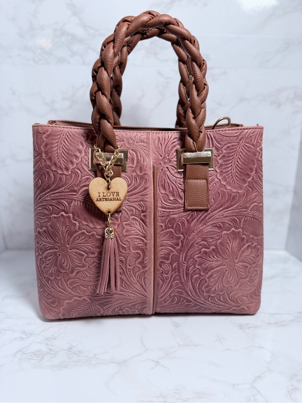 Blush Pink Floral Embossed Floral Tote Handbag
